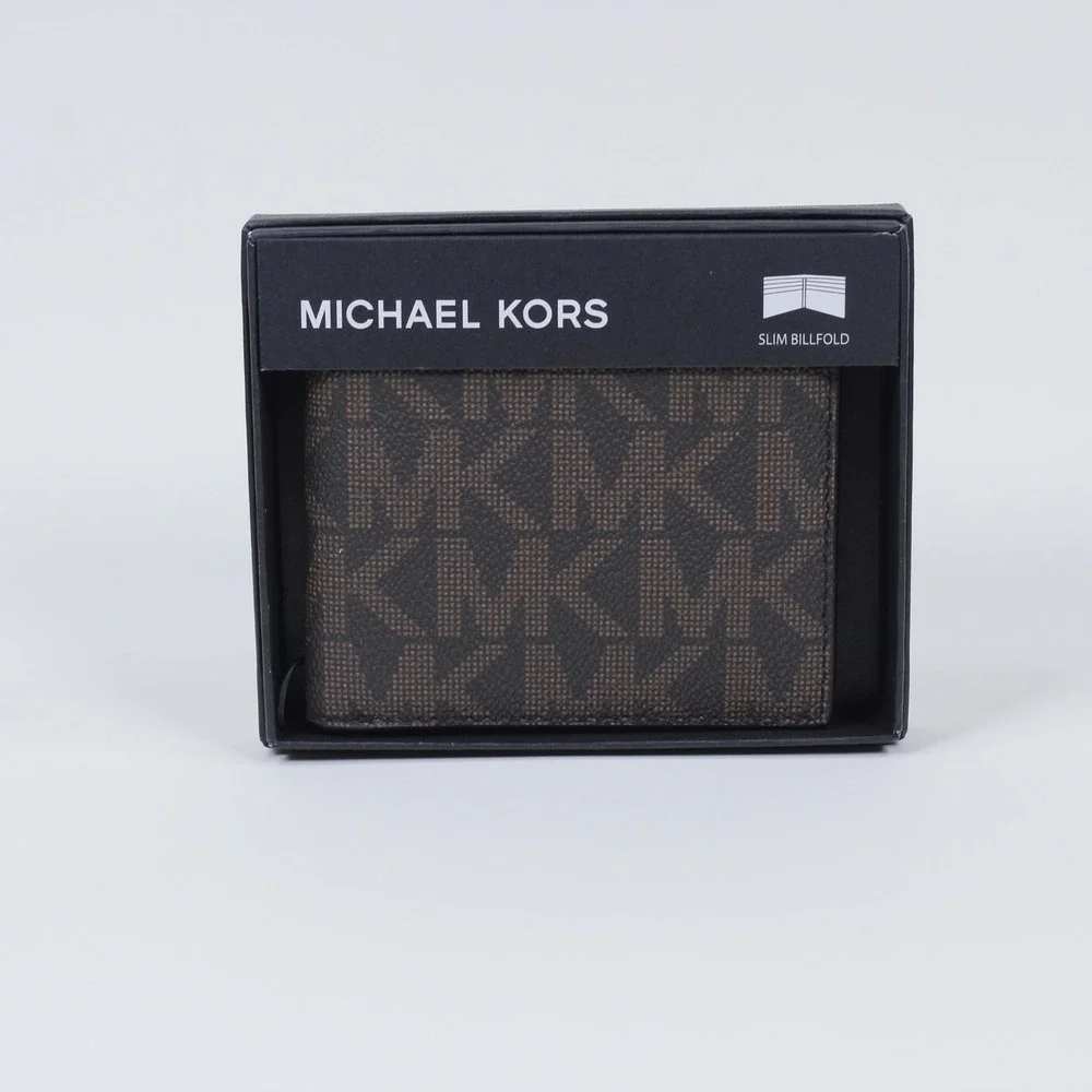 Michael Kors Men's Slim Billfold Wallet Brown Signature Logo Print NIB Genuine